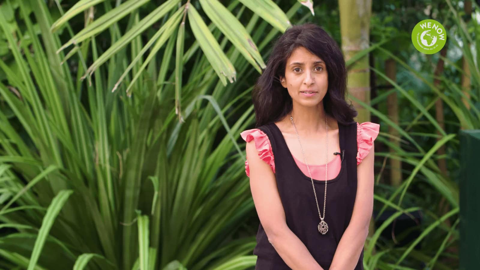 Lush green jungle background with woman speaking about environmental conservation.