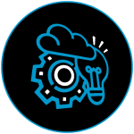 Innovative technology and creative ideas symbolised by a gear, lightbulb, and cloud illustration.