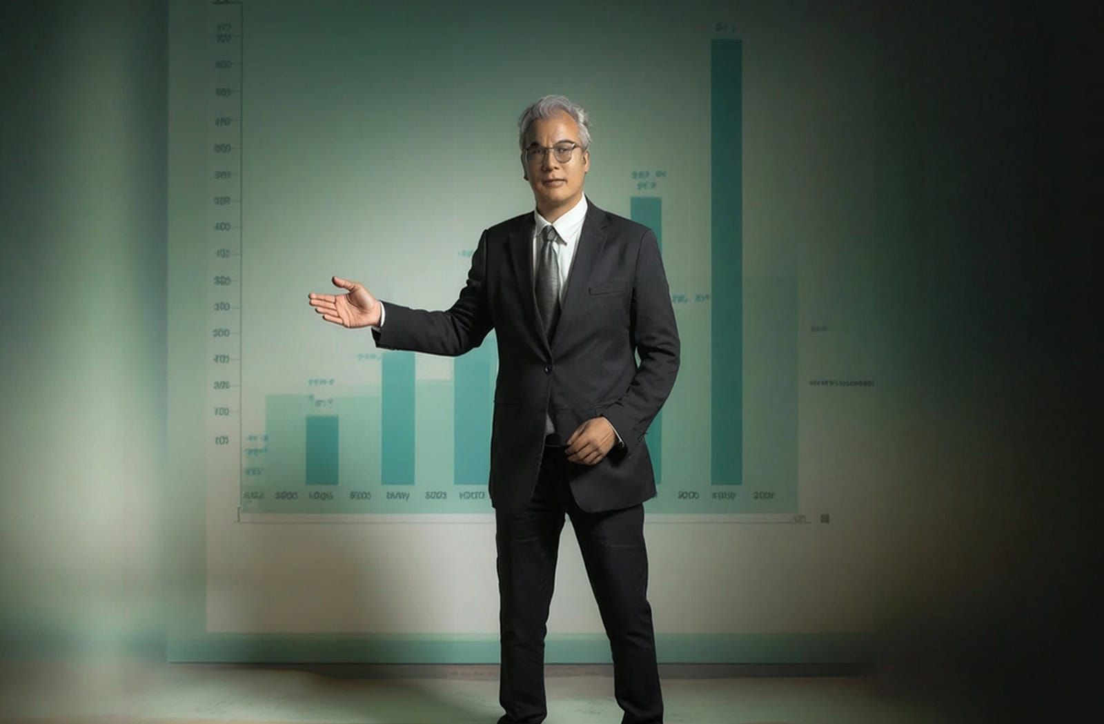 Businessman in a suit presenting data on a digital graph at a corporate event or presentation, media production, film division.