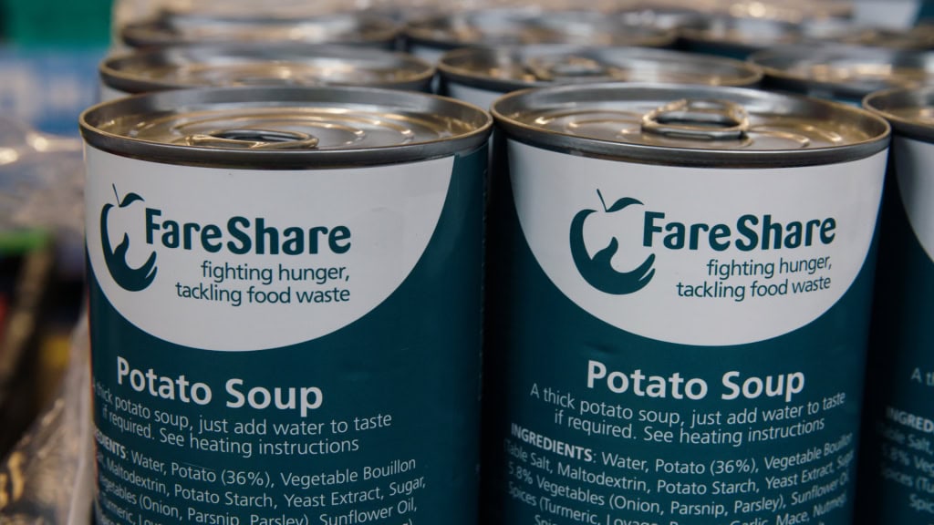 Canned potato soup with FareShare logo, supporting food waste reduction and hunger fighting initiatives. ESG Video
