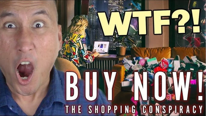 Overwhelmed shopper with endless shopping bags and surprised expression, illustrating consumerism and shopping conspiracy.